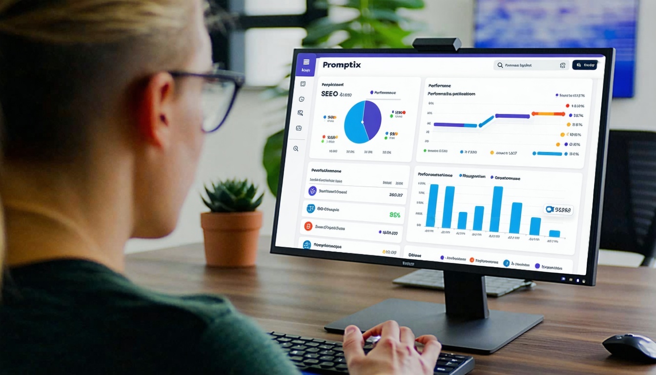 Marketer reviewing performance insights and SEO content on Promptix dashboard
